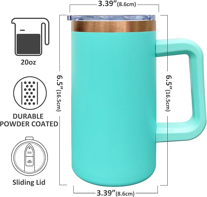 20 oz Insulated Coffee Mug with Lid, Stainless Steel Coffee Tumbler Bulk, Double Wall Vacuum Travel Mug with Handle, Leakproof Powder Coated Coffee Cups for Hot and Cold Drinks (Mint Green,4 pack)