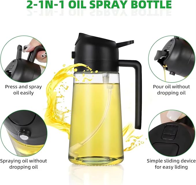 Olive Oil Sprayer for Cooking – Refillable Glass Cooking Spray Bottle, 2-in-1 Oil Dispenser Mister for Air Fryer, BBQ Grill, Frying, Baking & Salad – Non-Aerosol Food Grade Kitchen Gadget (Black)