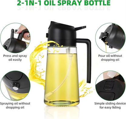 Olive Oil Sprayer for Cooking – Refillable Glass Cooking Spray Bottle, 2-in-1 Oil Dispenser Mister for Air Fryer, BBQ Grill, Frying, Baking & Salad – Non-Aerosol Food Grade Kitchen Gadget (Black)