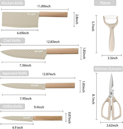 Knife Set, 7 Pieces Professional Kitchen Knife Set with Universal Knife Block, Super Sharp Knife Block Set with Ergonomic Handle Non-stick Stainless Steel Knife Block Set (Beige)
