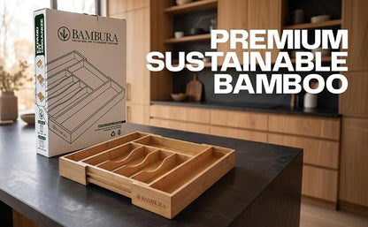 Premium Bamboo Utensil Drawer Organizer Expandable – Modular Silverware Organizer Adjustable Design w/Deep Compartments, Kitchen, & Office Drawer Dividers for Utensils, Cutlery, Makeup, Desk