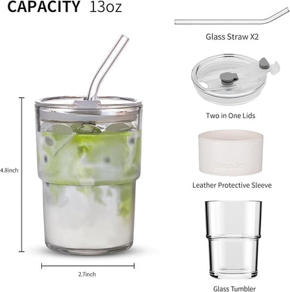 BLUEPOLAR 13 oz Tumbler Water Glass, Water Bottle with Straw and Dustproof Lid, Coffee Ice Cup Double Wall Insulated Glass Cup (White with Protect Sleeve)