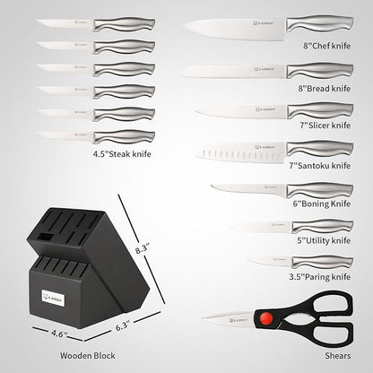 Kitchen Knife Set, 15 Pieces Knife Set with Block, Knives Set for Kitchen, Silver Hollow Ergonomic Handle for Chef Knife Set, Kitchen Shears,Black Knife Block Set, HM2201T-15B