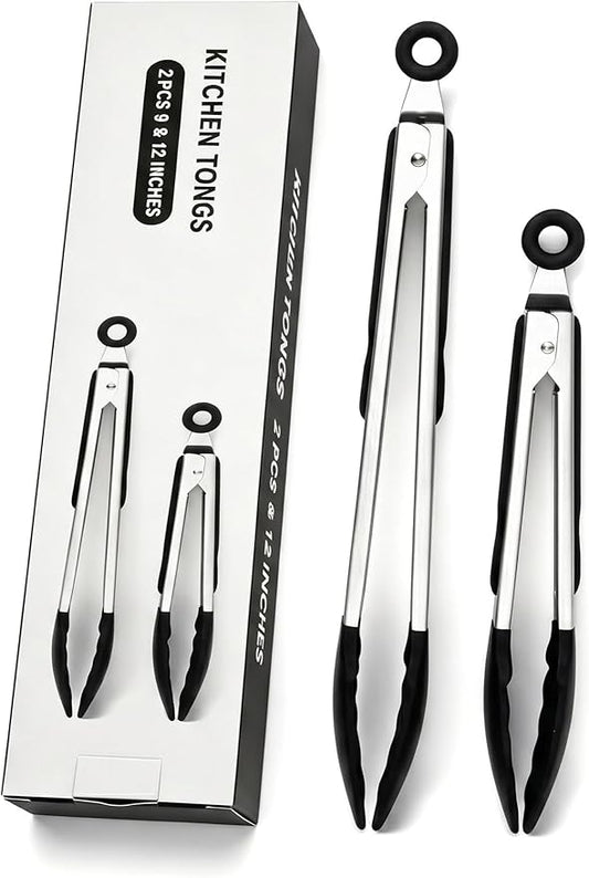 2 Pack Black Kitchen Tongs, Stainless Steel Heat Resistant Food Tongs for Cooking, Non Scratch Silicone Tip for Pans, Strong Grip, Grab Food, Toss Salad, 9 + 12 Inch, Black