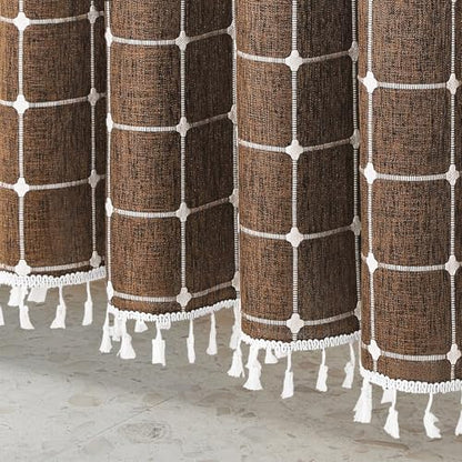 Boho Farmhouse Classic Plaid Linen Tassel Shower Curtain Brown,72x72