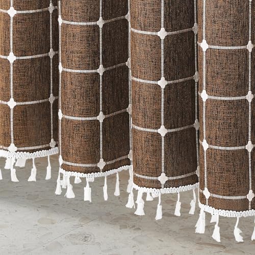 Boho Farmhouse Classic Plaid Linen Tassel Shower Curtain Brown,72x78