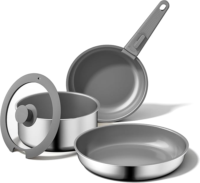5PCS Pots and Pans Set Non Stick, Diamond-Titanium Ceramic Cookware Set & 3 Layer Stainless Steel with Detachable Handle, Induction Cookware, Non Toxic Oven/Dishwasher Safe, Gray