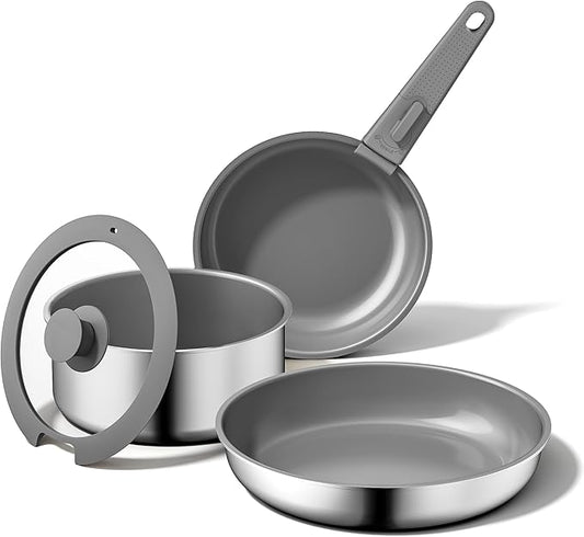 5PCS Pots and Pans Set Non Stick, Diamond-Titanium Ceramic Cookware Set & 3 Layer Stainless Steel with Detachable Handle, Induction Cookware, Non Toxic Oven/Dishwasher Safe, Gray
