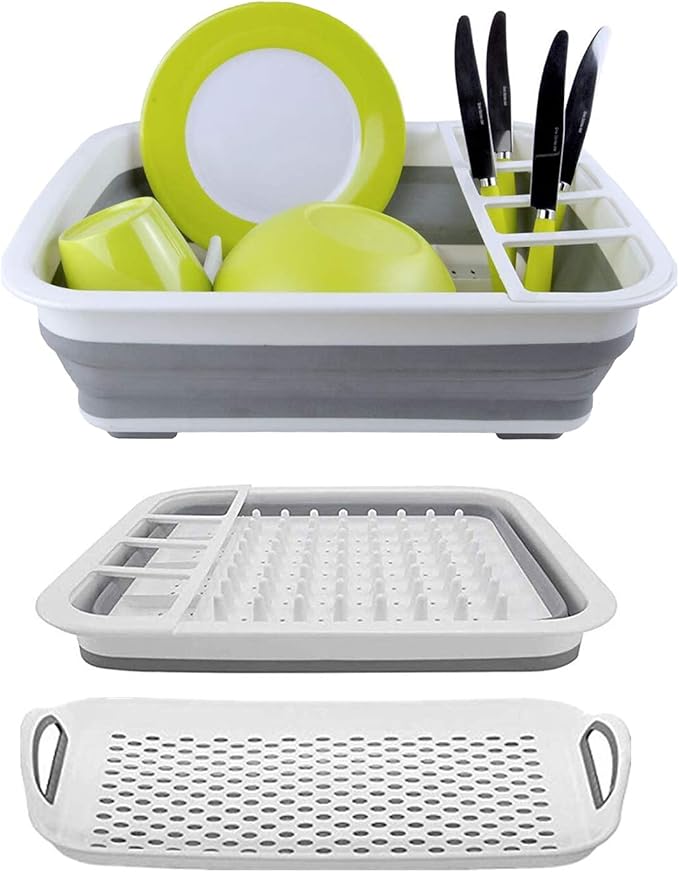 Ahyuan Collapsible Dish Drying Rack Portable Dinnerware Drainer Organizer for Kitchen RV Campers Travel Trailers Space Saving Kitchen Storage Rack with Drainboard Tray