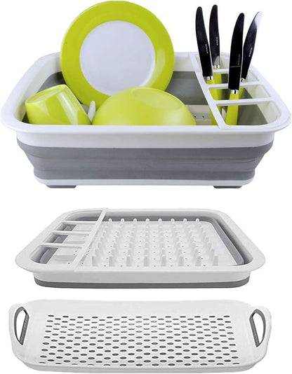 Ahyuan Collapsible Dish Drying Rack Portable Dinnerware Drainer Organizer for Kitchen RV Campers Travel Trailers Space Saving Kitchen Storage Rack with Drainboard Tray