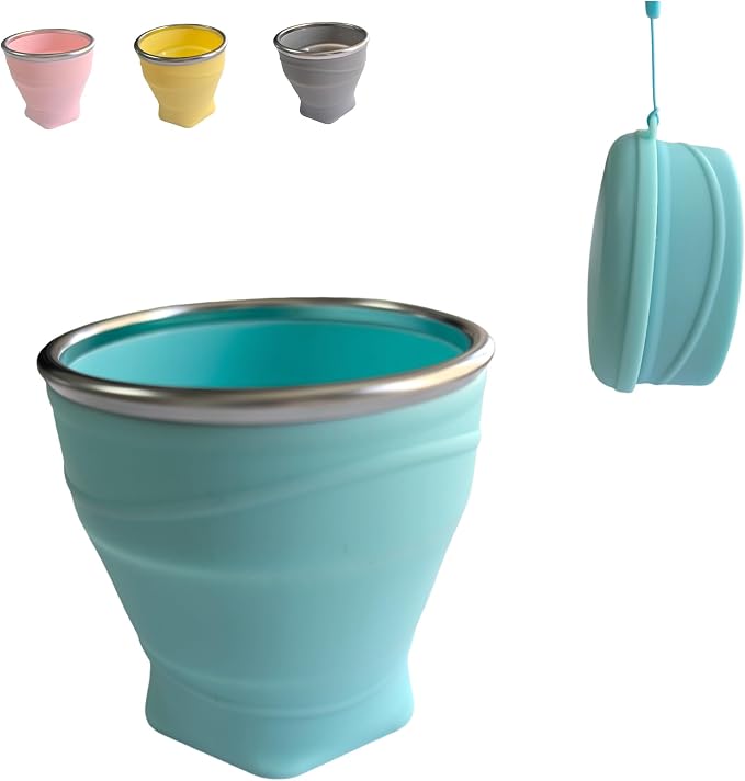 Collapsible Cup, 8.8oz 260ml Foldable Travel Mini Coffee Mug, BPA Free Silicone Water Cup and Lid with Stainless Steel Rim, Portable Pocket Cup for Outdoor, Hiking, Camping & Kids （Blue）