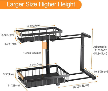 PXRACK Under Sink Organizer, Adjustable Height, 2 Tier Pull Out Under Cabinet Organizer, Slide Out Thickened Metal Under Sink Storage for Kitchen Bathroom Laundry Pantry Cabinet, Black, Large-2-Pack