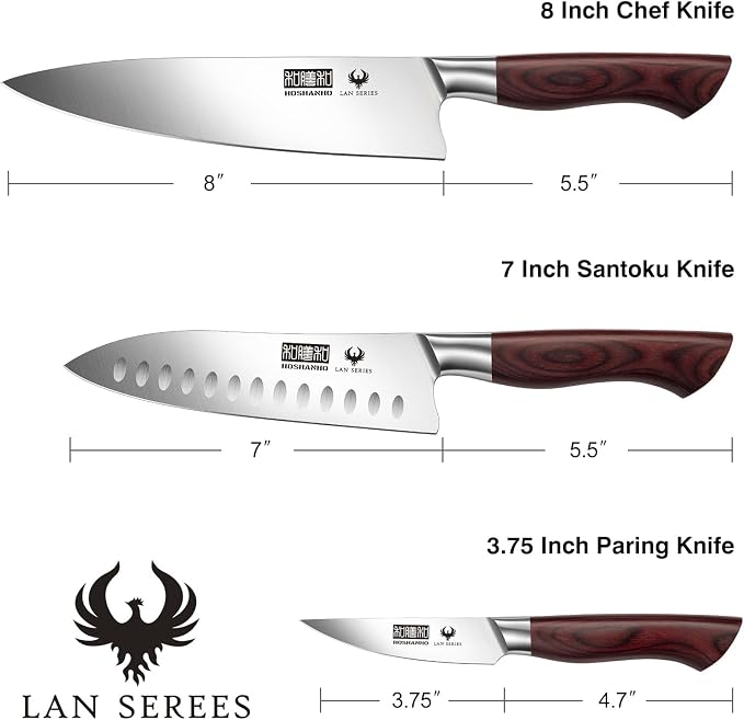 HOSHANHO 3-Piece Kitchen Knife Set, Ultra Sharp Chef/Santoku/Paring Knives,Professional High Carbon Steel Knives with Ergonomic Handle, Ideal Cooking Gift Set