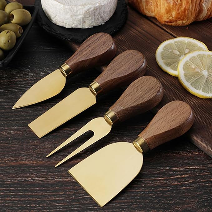 Linwnil 4-Piece Set of Stainless Steel Cheese Knives with Wood Hand, Including Cheese Slicer and Cheese Cutters, Essential Cheese Tools for the Kitchen (Walnut handle, Gold)