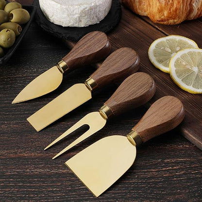 Linwnil 4-Piece Set of Stainless Steel Cheese Knives with Wood Hand, Including Cheese Slicer and Cheese Cutters, Essential Cheese Tools for the Kitchen (Walnut handle, Gold)
