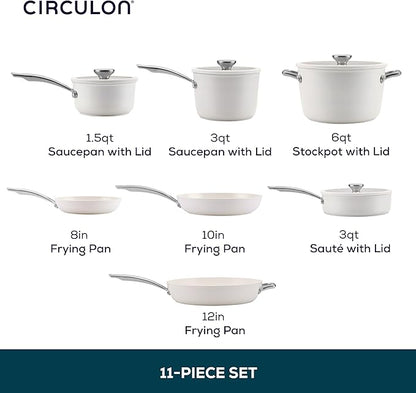 Circulon Halo with LaserDefense Ceramic Nonstick Cookware Set, 11-Piece Pots and Pans Set, Pearl White