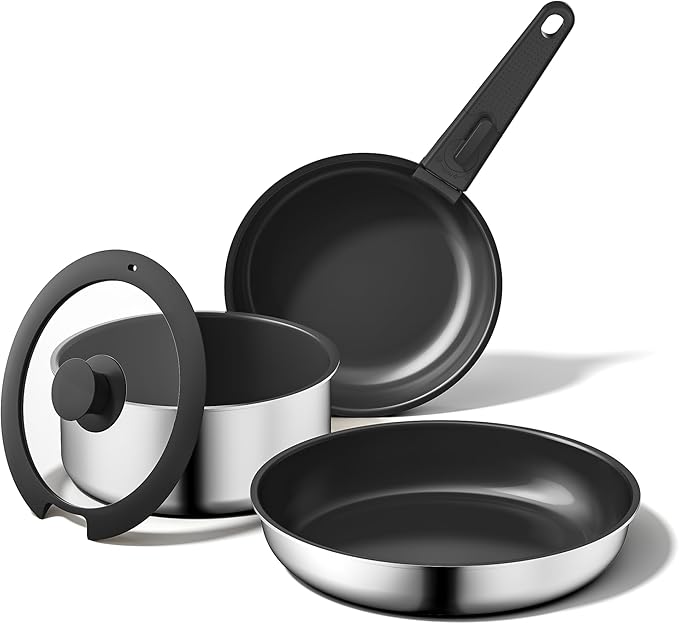 5PCS Pots and Pans Set Non Stick, Diamond-Titanium Ceramic Cookware Set & 3 Layer Stainless Steel with Detachable Handle, Induction Cookware, Non Toxic Oven/Dishwasher Safe, Black