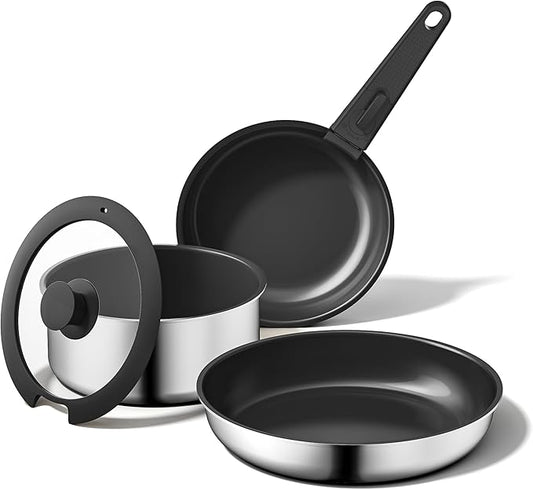 5PCS Pots and Pans Set Non Stick, Diamond-Titanium Ceramic Cookware Set & 3 Layer Stainless Steel with Detachable Handle, Induction Cookware, Non Toxic Oven/Dishwasher Safe, Black
