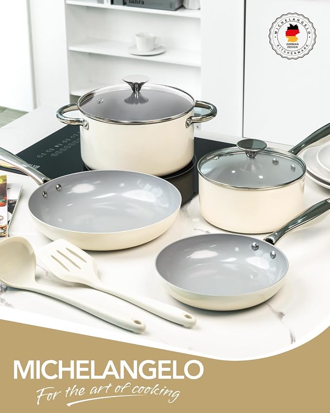 MICHELANGELO Pots and Pans Set Non Stick 8 Piece Ceramic Cookware Set Cream | PFAS-Free Cream Ceramic Nonstick Cookware Set for Eggs, Pancakes, Sauces, Low-Oil Cooking and Induction Stoves, Fast Cleanup