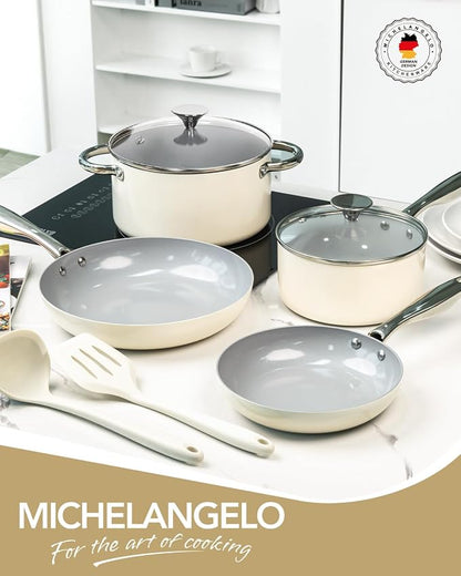 MICHELANGELO Pots and Pans Set Non Stick 8 Piece Ceramic Cookware Set Cream | PFAS-Free Cream Ceramic Nonstick Cookware Set for Eggs, Pancakes, Sauces, Low-Oil Cooking and Induction Stoves, Fast Cleanup