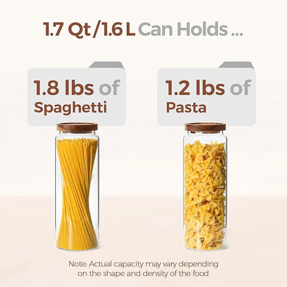 ComSaf 3Pcs (1.7Qt) Airtight Glass Pasta Storage Containers with Acacia Wood Lids, Tall Pantry Storage Container for Organizing Spaghetti and Pasta, Thick Glass Spaghetti Container with Pasta Labels