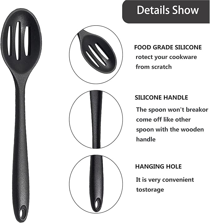 Linwnil 4 Pieces Silicone Slotted Spoons,10.6 Inch Nonstick Mixing Serving Spoons for Kitchen Cooking Bake Stir Draining Tool (4, Black)