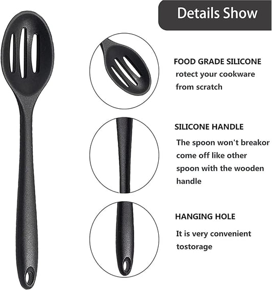 Linwnil 4 Pieces Silicone Slotted Spoons,10.6 Inch Nonstick Mixing Serving Spoons for Kitchen Cooking Bake Stir Draining Tool (4, Black)