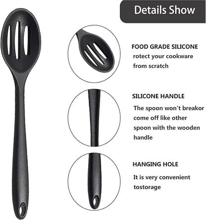 Linwnil 4 Pieces Silicone Slotted Spoons,10.6 Inch Nonstick Mixing Serving Spoons for Kitchen Cooking Bake Stir Draining Tool (8, Black)
