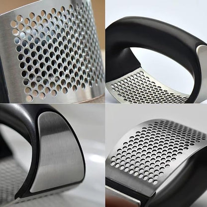 Stainless Steel Garlic Smash, Press Rocker Mincer/ Crusher/ Chopper with Peeler and Scraper Brush