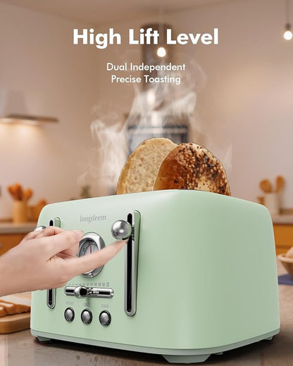 Retro 4-Slice Toaster - 6 Settings, Stainless Steel Body, Defrost/Cancel Button & Crumb Tray, Vintage Green