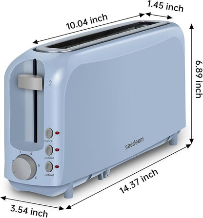 SEEDEEM 2 Slice Slim Toaster, Single 10" Long Slot Toaster Fits Bagels & Artisan Bread, 6 Shade Settings, Cancel/Reheat/Defrost, Removable Crumb Tray, Auto Shut-Off, Blue