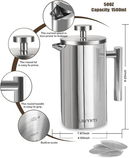 French Press Coffee Maker,304 Stainless Steel Coffee Press with scale lines and 2 Extra Filters for Kitchen & Camping (Silver, 50 OZ) 1.5 Litre
