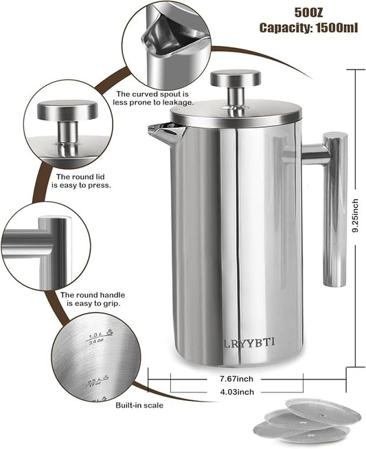 French Press Coffee Maker,304 Stainless Steel Coffee Press with scale lines and 2 Extra Filters for Kitchen & Camping (Silver, 50 OZ) 1.5 Litre