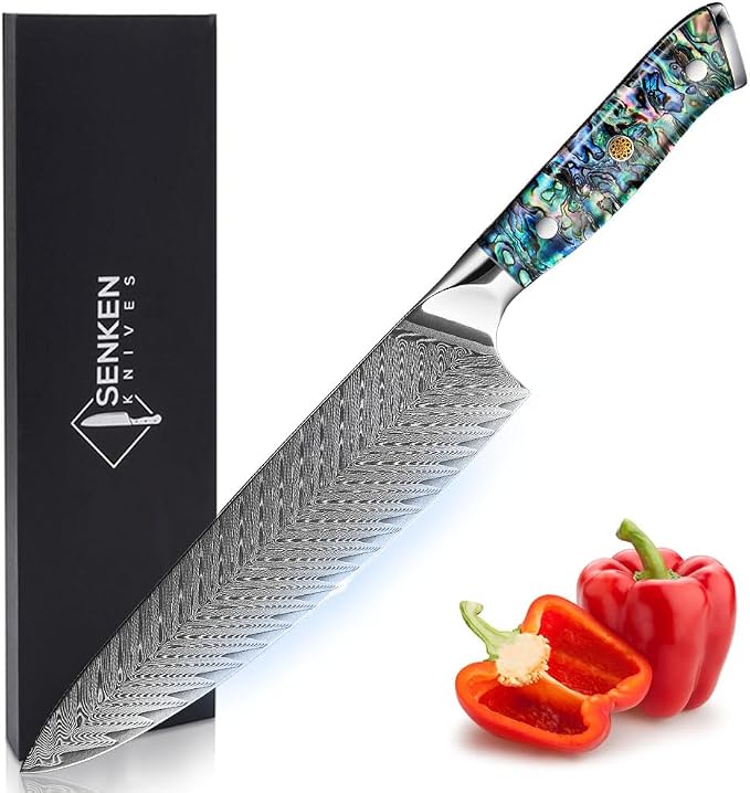 SENKEN Damascus Steel 8" Chef Knife with Real Deep-Sea Abalone Shell Handle - Umi Collection - 67-Layer Japanese VG10 Forged Steel Blade, Integrated Full-Tang Molding, Angled Bolster (8" Chef Knife)