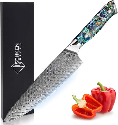 SENKEN Damascus Steel 8" Chef Knife with Real Deep-Sea Abalone Shell Handle - Umi Collection - 67-Layer Japanese VG10 Forged Steel Blade, Integrated Full-Tang Molding, Angled Bolster (8" Chef Knife)