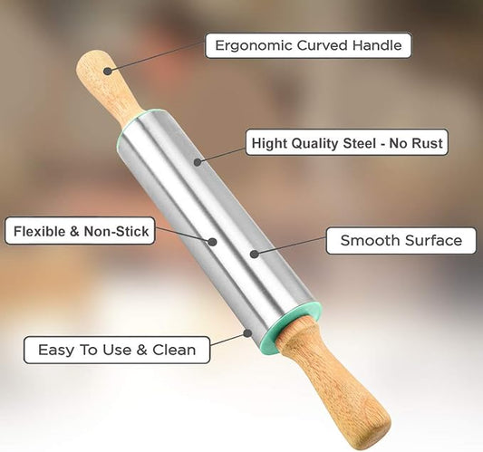 Rolling Pin Nonstick and Silicone Baking Pastry Mat Combo Kit Dough Rollers for Baking Pasta,Cookie Dough,Pastry,Bakery,Pizza
