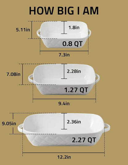 Sweejar Casserole Dishes for Oven, Baking Dish Set of 3,Ceramic Bakeware Set, Rectangular Baking Pan for Cooking,Kitchen,Banquet,12.2x9.2x2.5 Inches (White)