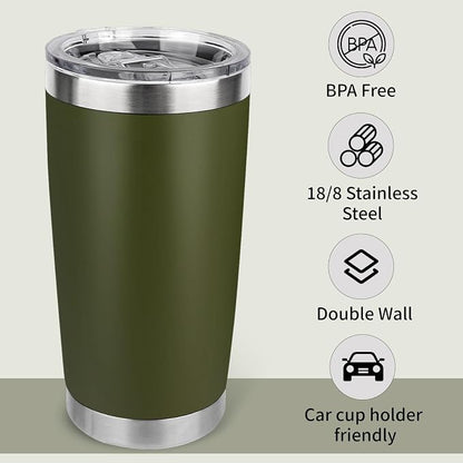 20oz Stainless Steel Tumbler Bulk with Lid, Travel Mug - Double Wall Vacuum Powder Coated Cup - Army Green, 6 Pack