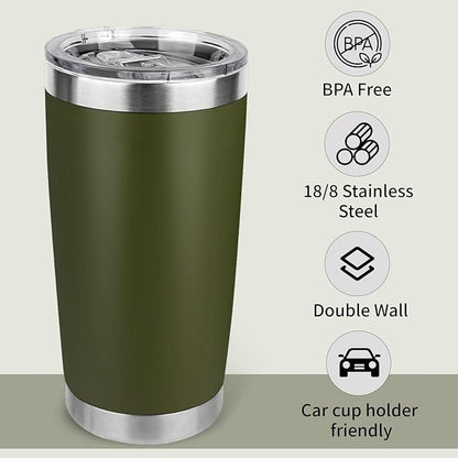 20oz Stainless Steel Tumbler Bulk with Lid, Travel Mug - Double Wall Vacuum Powder Coated Cup - Army Green, 12 Pack