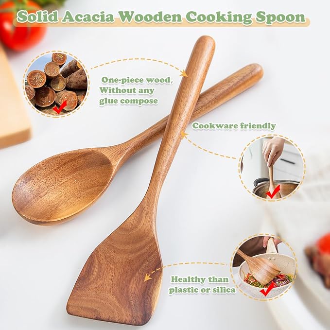 Wooden Cooking Spoon Utensils, 2pcs, Spoons Spatulas Set for Kitchen Cooking, Wood Scraper for Frying Scraping and Mixing, Nonstick Cookware Spatulas Spoon Gadget for Fried Flipping Turning Cooking