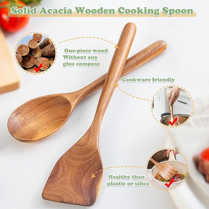 Wooden Cooking Spoon Utensils, 2pcs, Spoons Spatulas Set for Kitchen Cooking, Wood Scraper for Frying Scraping and Mixing, Nonstick Cookware Spatulas Spoon Gadget for Fried Flipping Turning Cooking
