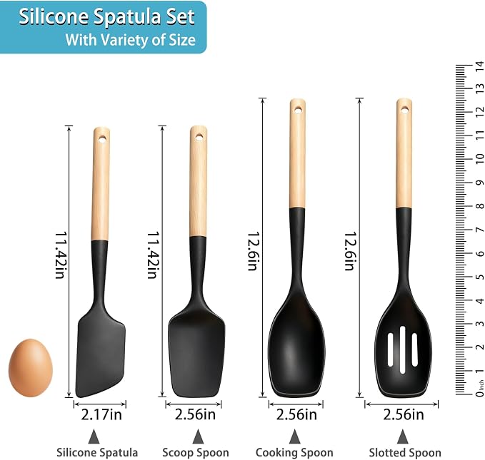 Silicone Spatula Spoon Set of 4, Cooking Spatulas Spoons for Nonstick Cookware, Wood Handle Spoonula for Mixing, Flipping, Scraping and Spreading (Style 2)