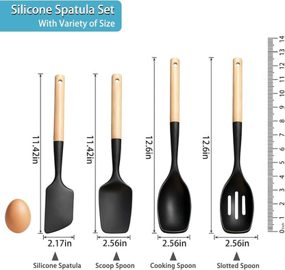 Silicone Spatula Spoon Set of 4, Cooking Spatulas Spoons for Nonstick Cookware, Wood Handle Spoonula for Mixing, Flipping, Scraping and Spreading (Style 2)