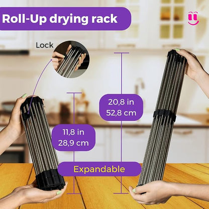 3-in-1 Over Sink Dish Drying Rack – Roll-Up Sink Rack, Silicone Mat & Folding Dish Rack – Multi-Functional, Space-Saving Kitchen Organizer (Black)
