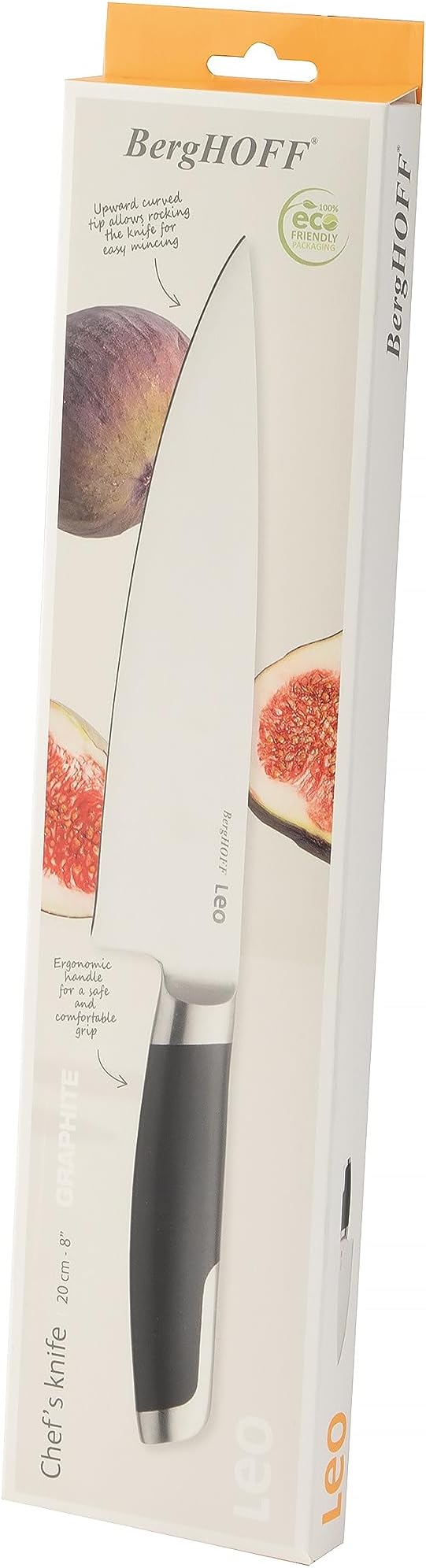 Berghoff Graphite Chef's Knife 8", Stainless Steel Sharp Wide Blade, Soft-touch Handle, Paring Cutting Slicing Fruits Vegetables Meat Fish, Well Balanced
