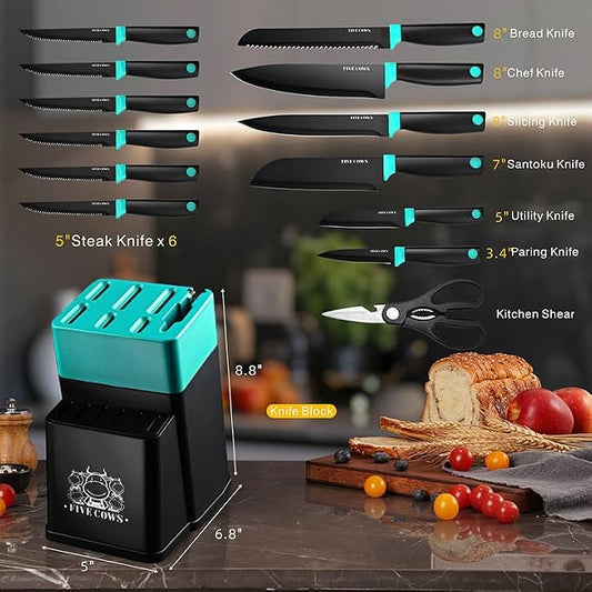 14 Pcs Kitchen Knife Block Set with Sharpener German High Carbon Stainless Steel Chef Knives, Razor-Sharp & Durable, Lightweight Anti-Slip Handle, Professional Set for Home & Kitchen (Green)
