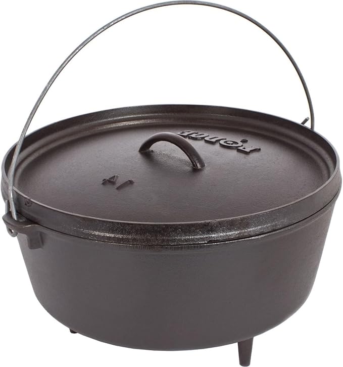 Lodge Seasoned Cast Iron Camp Dutch Oven with Lid - 5 Quart - Dual Handles - Seasoned Cast Iron Cookware with Steel Handle & Strong Lid for Heavy- Duty Camping Cookware