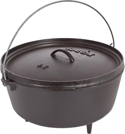 Lodge Seasoned Cast Iron Camp Dutch Oven with Lid - 5 Quart - Dual Handles - Seasoned Cast Iron Cookware with Steel Handle & Strong Lid for Heavy- Duty Camping Cookware