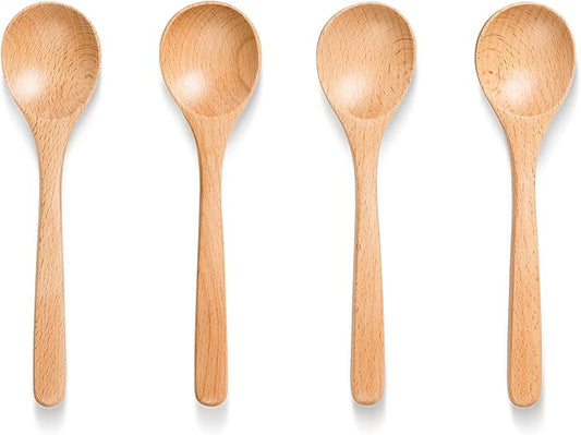 4 PCS Wooden Spoons for Eating, 7 inch Wooden Honey Spoons for Tea, Wood Teaspoons for Stirring Coffee, Beech Wood Table Spoon for Cooking, Small Serving Spoon for Soup, Desserts & Cereal