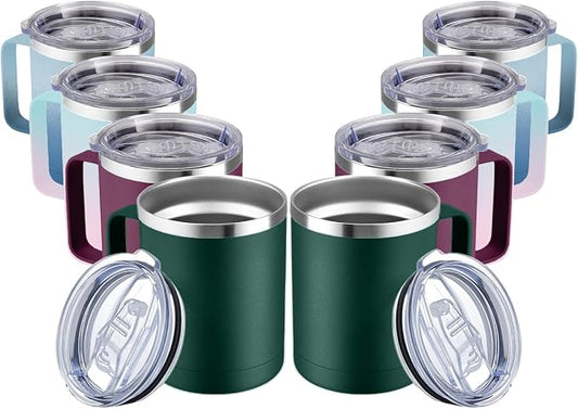 MEWAY 12oz Coffee Mug With Handle 2 Pack Bulk,Stainless Steel Insulated Travel Tumblers With Sliding Lid,Double Wall Vacuum Camping Cup for Hot & Cold Drinks Tea (Forest Green&Plum,Set of 8)